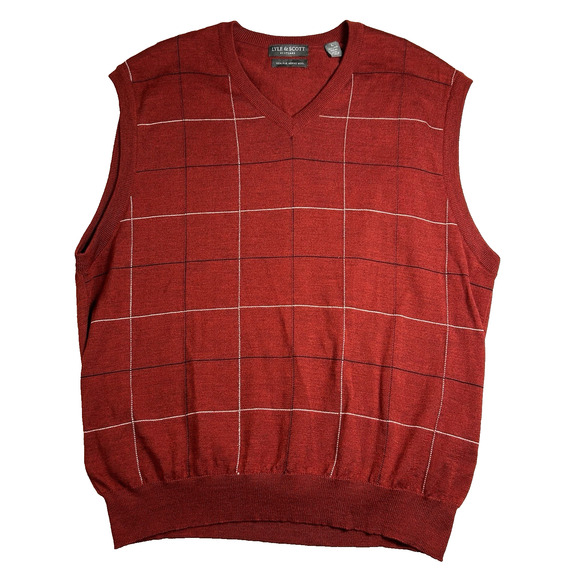 Lyle & Scott 100% Merino Wool Sweater Vest Mens Large Burgundy Plaid Grandpacore - Picture 1 of 7